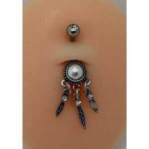 Stainless Steel Simulated Pearl Feather Charm Belly Button Barbell 14g 1.6mm